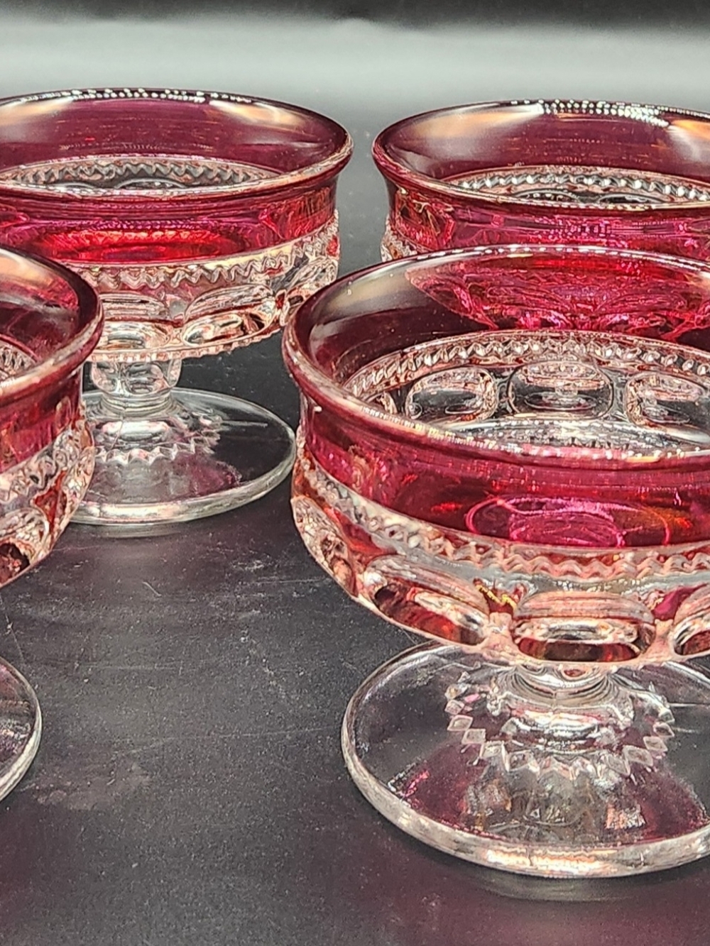 Vintage Tiffin-Franciscan King's Crown Red Flash Rim Glass Ice Cream Cups, Set 6